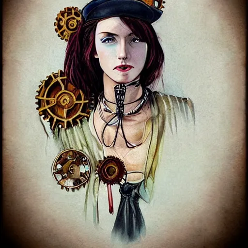 Prompt: Woman gouache self-portrait steampunk colorful technology