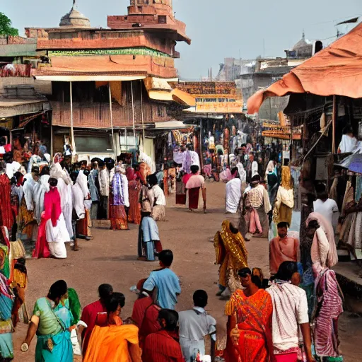 Image similar to A bustling city in ancient India with shops and people dressed in traditional Indian attire from 1000BC