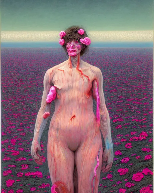 Image similar to A portrait of a woman wearing clothes made out of dying flowers, nuclear explosion in the background, Masterpiece, pink skin, glowing, wires everywhere, by Edgar Maxence and Ross Tran, Zdzisław Beksiński, and Michael Whelan, distant, gustav dore, H.R. Giger, 8k, octane render