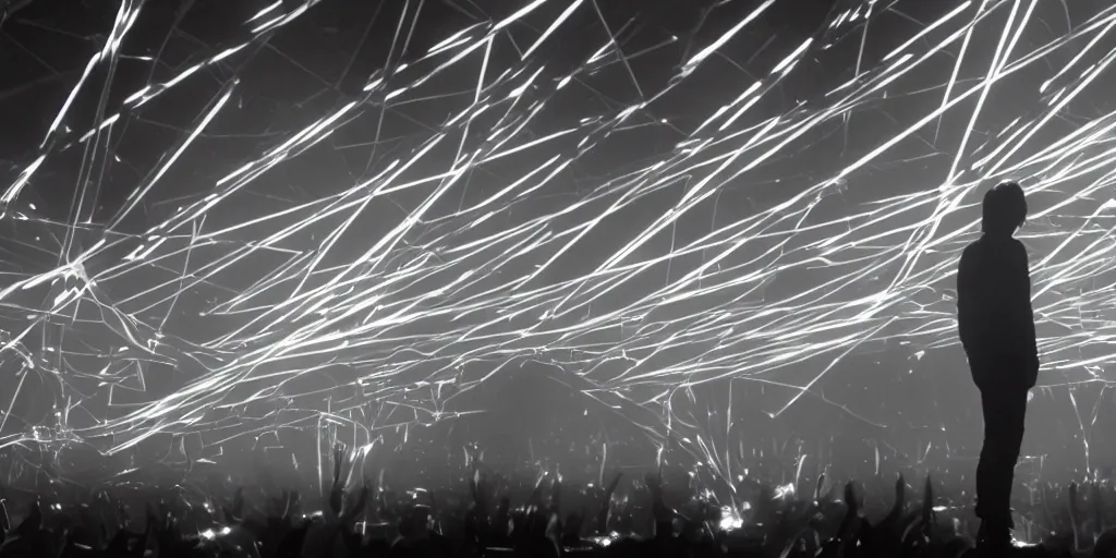 Image similar to Thom Yorke singer songwriter, Radiohead group of people on stage playing instruments, elaborate stage effects, dust, smoke, giant LED screens, colored projections, ultrafine detail, glowing thin wires, smoke, high contrast, projections, a screenshot by David Gilmour Blythe, holography, tesseract, volumetric lighting, anamorphic lens flare