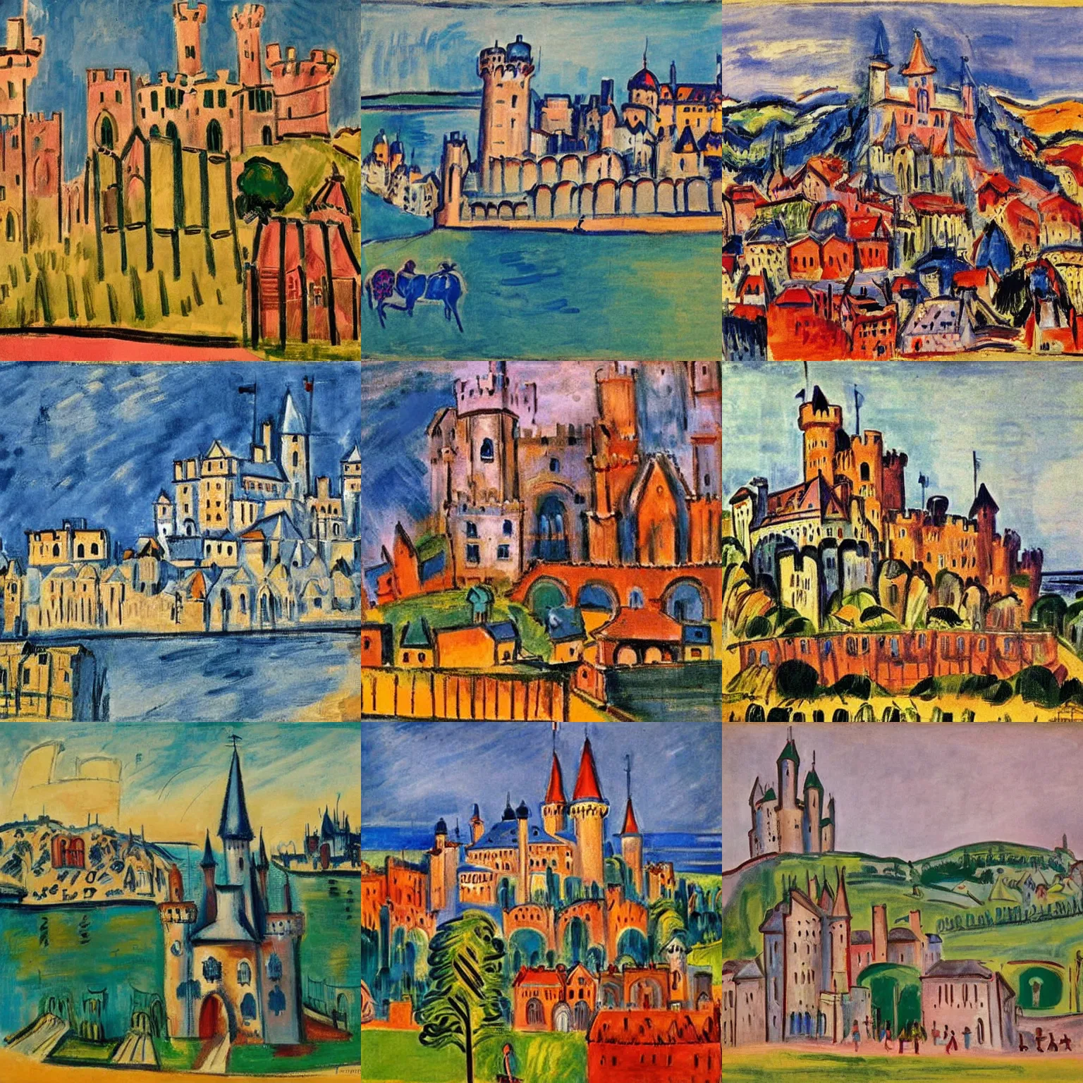 Prompt: medieval castle, by raoul dufy