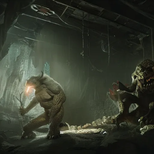 Image similar to a man horrified in a dark dingy basement filled with monsters of unknown power, volumetric lighting, 8 k octane beautifully detailed render, post - processing, extremely hyper - detailed, intricate, epic composition, cinematic lighting, masterpiece, trending on artstation, detailed detailed detailed, masterpiece, beautiful cinematic light,