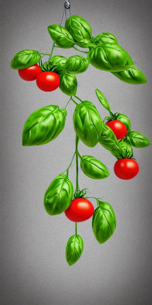 Prompt: mythical tree where pizza ingredients grow, tomatoes hanging on branches, mozzarella hanging from branches, basil leaves instead of leaves, highly detailed 3 d render, full view, wide angle, bright colors, pixar render