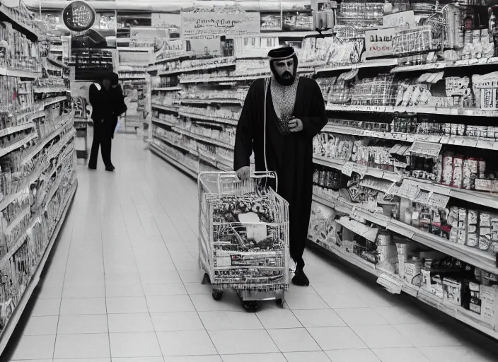 Prompt: an Arab man in traditional dress standing in a supermarket aisle and holding a black helium balloon on a string while starring directly at the camera menacingly, directed by Stanley Kubrick, 4k, high definition cinematography