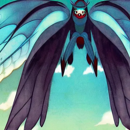 Image similar to 4K photo of mothman with giant wings , flawless anime cel animation by Manabu Oshashi and Satoshi Kon, professionally post-processed , beautiful, scary, symmetry accurate features, epic, octane rendered, anime masterpiece, accurate