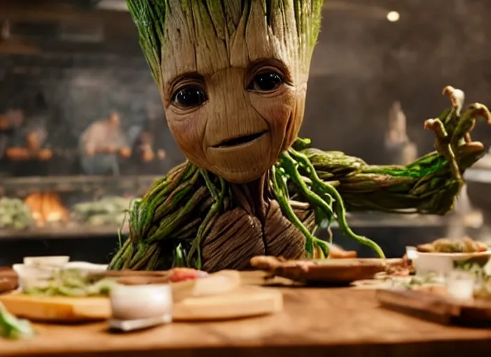 Image similar to film still of Groot working as a chef in the new Avengers movie, 4k