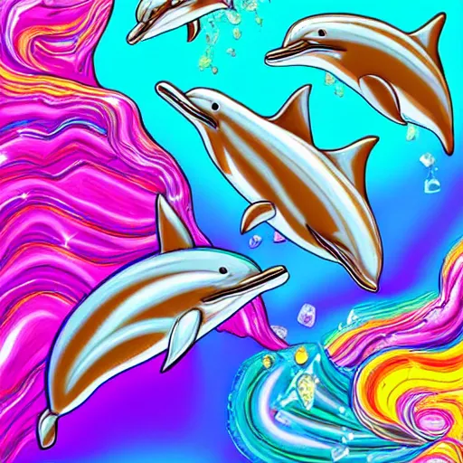 Image similar to dolphins jumping over a pile of crystal rocks in a lisa frank style, digital art