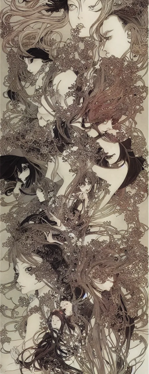 Prompt: yoshitaka amano anime painting, intricate line drawings, pen and ink, alphonse mucha, claire wendling, kentaro miura, ruan jia