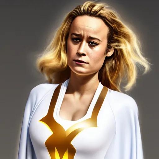 Image similar to Brie Larson as DC Comics' Power Girl, full body with white costume and cape and chest, photo, 4k