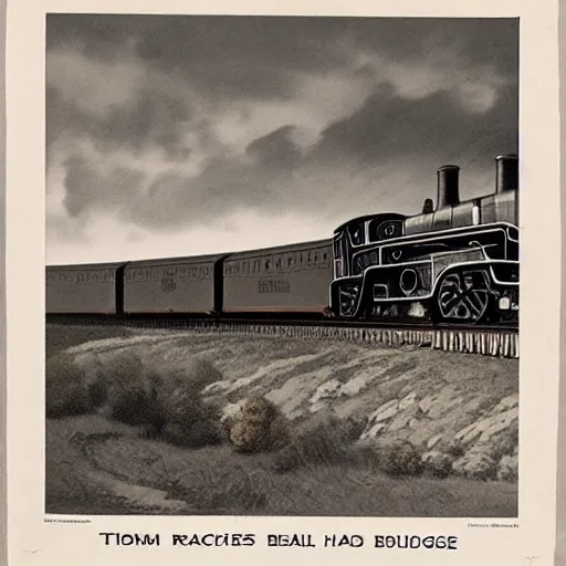 Image similar to Head on train wreck of two Thomas the Train engines, tall railway bridge, 1930s , hyper realistic