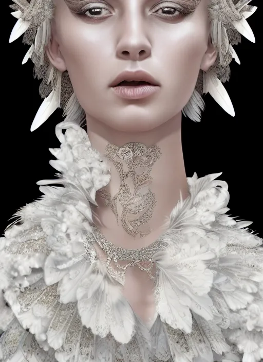 Prompt: high intricate porcelain baroque stunning woman portrait, lace collar, bird feathers, 8 k, glitter skin very white hyperrealistic hyperdetailed pastel, maria panfilova, andrea savchenko, sensual mike kime, ludovic plouffe, qi sheng luo, oliver cook, trending on artstation