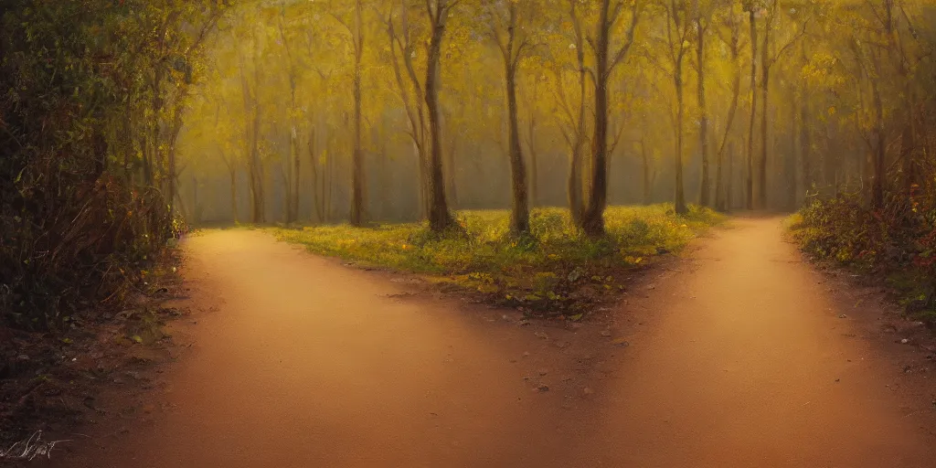 Prompt: a fork in the road, cinematic lighting, detailed oil painting, hyperrealistic, 8k