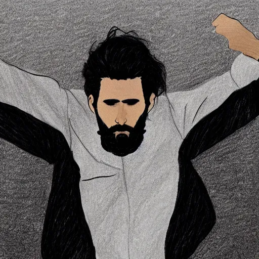 Prompt: a drawing of a man with black hair and beard, wearing a black jacket, white shirt and blue jeans, holding his hands up to his face, illustration, realistic, 8 k, atmospheric, moody, in the style of diego koi