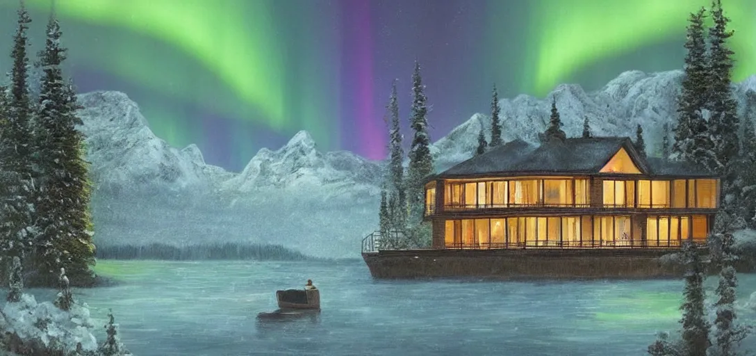 Prompt: a big cozy cabin floating in the lake, a beautiful terrace, night, rainbow aurora, light snow falling, classic painting, award winning, highly detailed