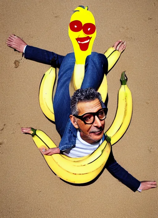 Prompt: jeff goldblum as a banana tomato on the sand of a beach
