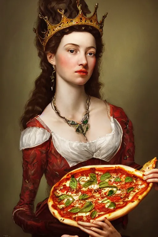 Image similar to a highly detailed queen margherita ( savoy ) eating a pizza! margherita, full body, detailed painting by arturo faldi, trending on deviantart, octane, masterpiece