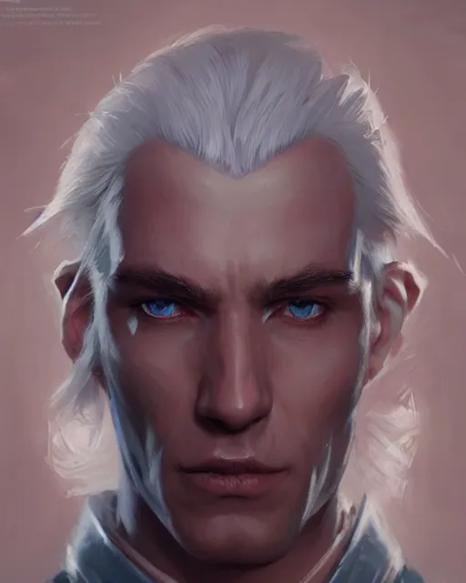 Image similar to character portrait of a slender half - elven man with white hair and blue eyes, by greg rutkowski, mark brookes, jim burns, tom bagshaw, trending on artstation