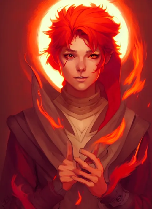 Prompt: style artgerm, joshua middleton, illustration, john krasinski as alchemist artificer wearing orange pelt light armor, anime eyes, red hair, swirling fire cosmos, fantasy, dnd, cinematic lighting