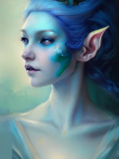 Image similar to the elven queen with blue skin by james jean, charlie bowater, tom bagshaw, nikolay makovsky : : enchanting, ethereal, magical, portrait, character design, illustration, hyperrealism, photorealism, digital art, concept art, fantasy, whimsy, weta, wlop, artstation