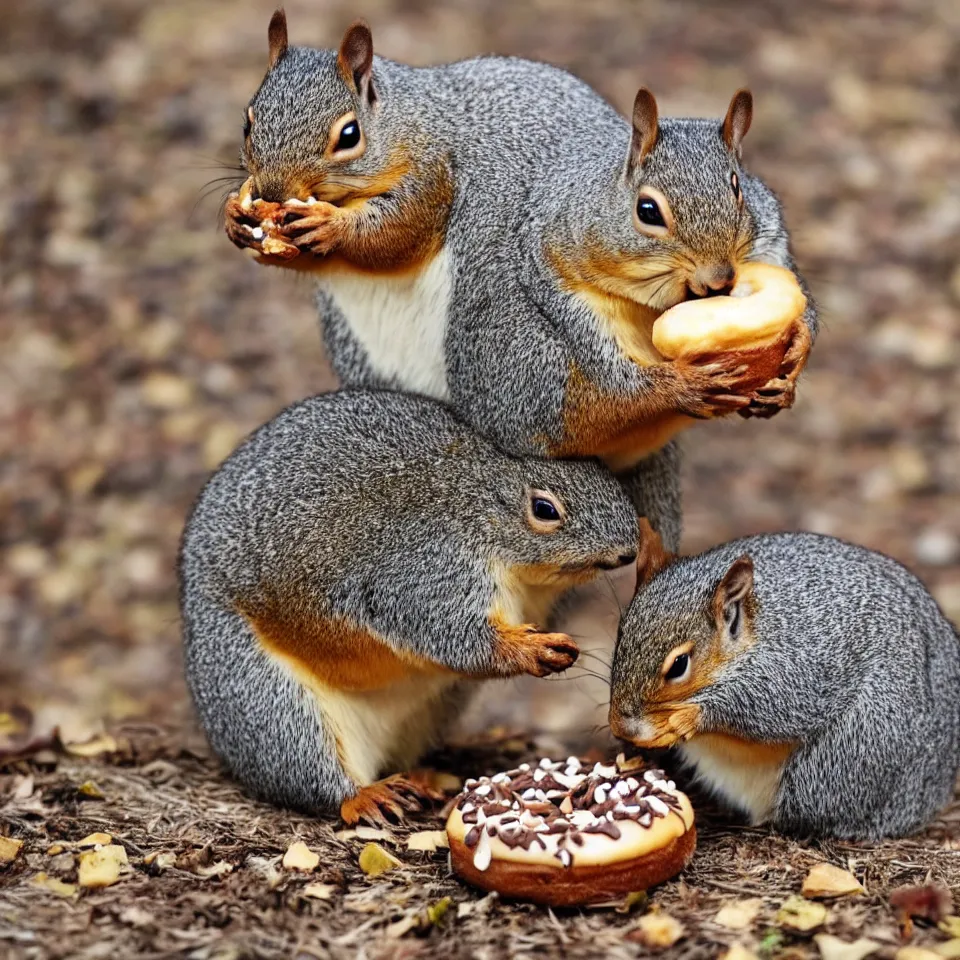 Prompt: A really fat squirrel eating a donut, 4K, highly detailed, photo