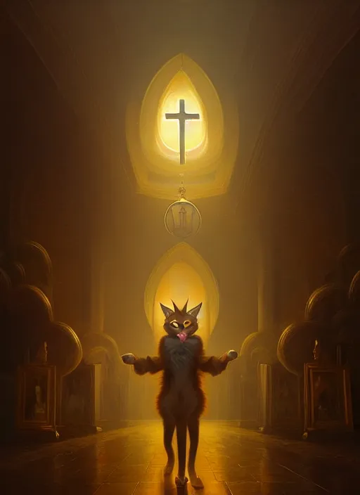 Prompt: surrealistic portrait of cute fluffy anthropomorphic caracal in golden clothes wearing vr in orthodox church, bokeh, foggy, dynamic lighting, darkness, ambients, dramatic, foggy, heavy bokeh and blur, cinematic, depth of field, art by bussiere rutkowski andreas rocha