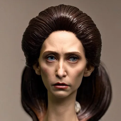 Image similar to photo taken of an epic intricate, ultra detailed, super realistic bust of a majestic gracious regal aristocratic brunette female vampire stop motion puppet created by weta workshop, menacing, some zoomed in shots, photorealistic, sharp focus, white wall, extremely cold blueish colour temperature, 3 5 mm, f 1. 4, golden ratio