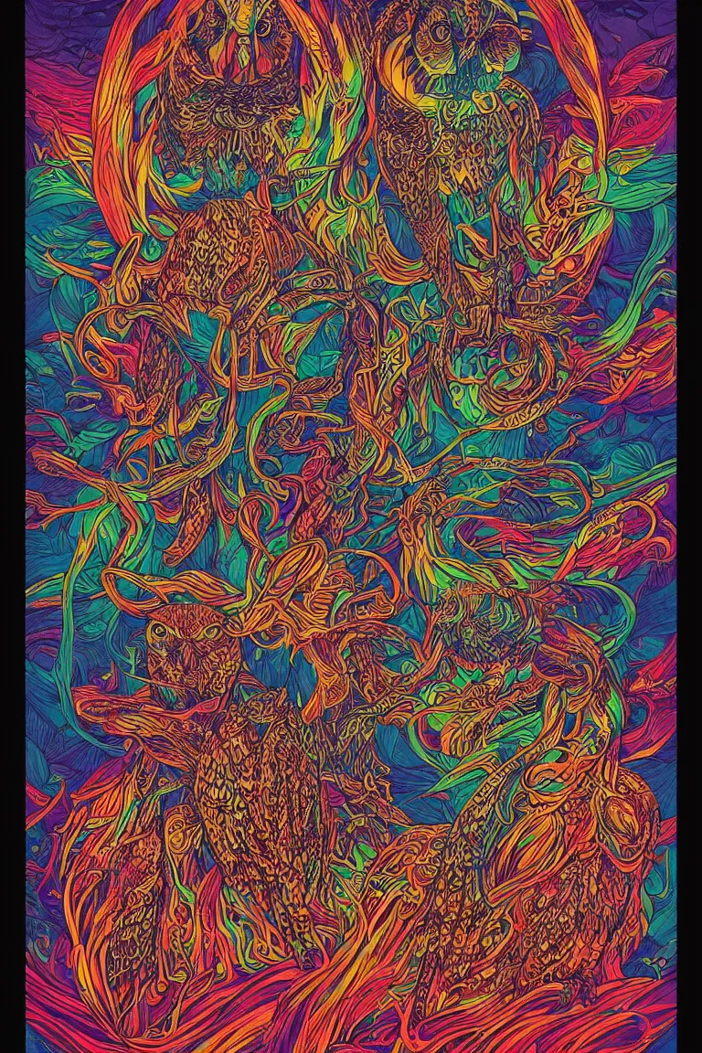 Image similar to beautiful colorful hyperrealist highly detailed psychedelic music poster'the electric owls live at the fillmore ', symmetrical full body, beautiful high contrast colored wood engraving, moebius comic style, shocking detail trending on artstation 8 k