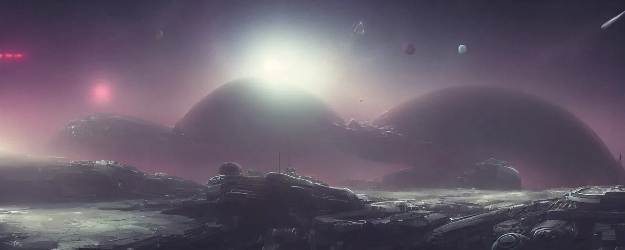 Image similar to ” outer planet with thick fog and distant spaceship dock, [ cinematic, detailed, epic, widescreen, opening, establishing, mattepainting, photorealistic, realistic textures, octane render, art by paul lehr ] ”