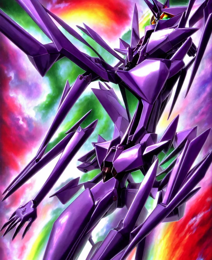 Prompt: realistic detailed image of ultra wrathful rainbow diamond iridescent mega eva 0 1 from neon genesis evagelion, depth perception, depth of field, action horror by ayami kojima, neo - gothic, gothic, part by adrian ghenie and gerhard richter. art by yoshitaka amano. masterpiece