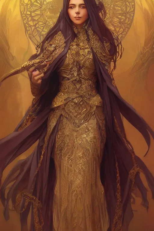 Image similar to full body portrait of a female mage, D&D, fantasy, intricate, elegant, highly detailed, digital painting, artstation, concept art, smooth, sharp focus, illustration, art by artgerm and greg rutkowski and alphonse mucha