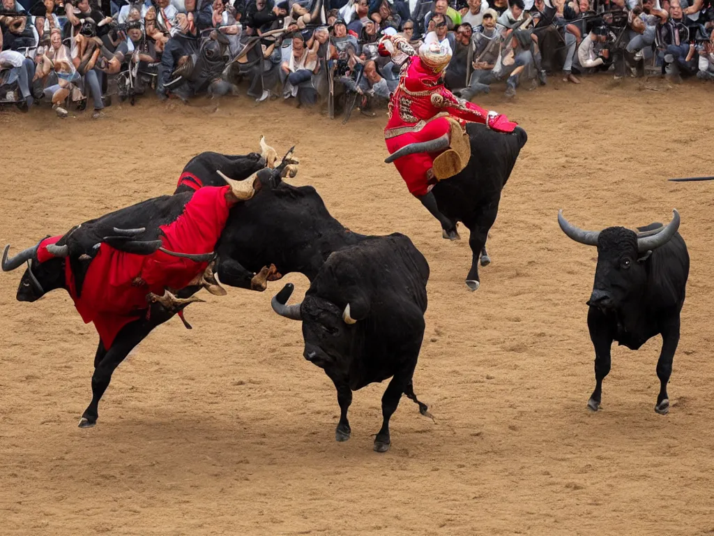 Prompt: matador challenging a bull in a ramen bowel filled with a desert