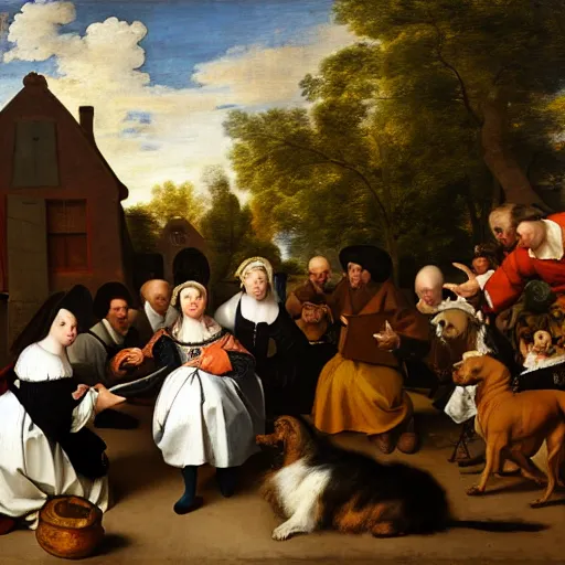 Image similar to a painting of a group of people and a dog, a flemish baroque by jan steen, trending on flickr, pre - raphaelitism, dutch golden age, flemish baroque, rococo