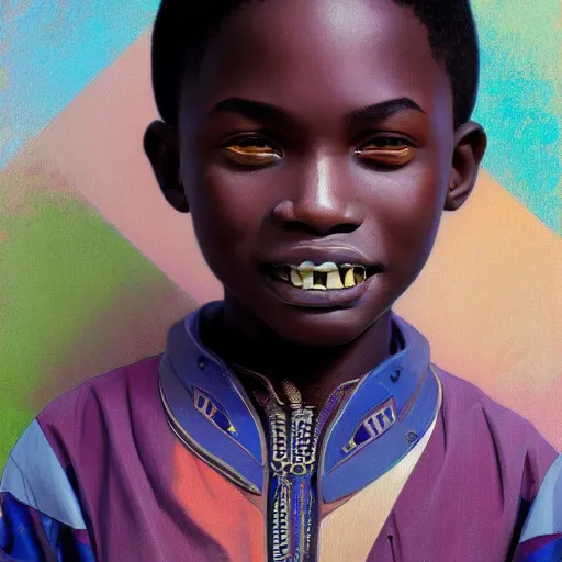 Image similar to colourful upper half portrait of an african boy with sliver teeth grillz, art by hsiao - ron cheng & alphonse mucha, highly detailed, digital painting, ray tracing, concept art, illustration, smooth sharp focus, intricate, symmetry, artstation,