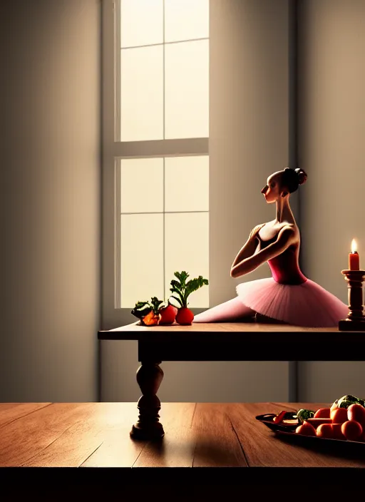 Image similar to a ballerina sitting on top of a wooden table, medieval concept art, cinematic lightning and colors, featured on cg society, photorealism, vray tracing, rendered in unreal engine, photorealistic, vegetables on table and candle, dark lightning, contrast shadows