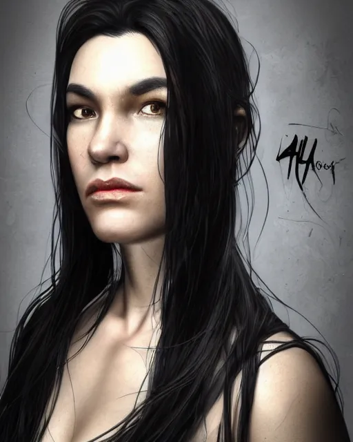 Image similar to portrait of a tall 4 0 - year - old woman with thin lips, long, lush black hair gathered on the head, and thick eyebrows, wearing in black clothes, aristocratic appearance, hyper realistic face, beautiful eyes, character art, art by mark brooks, hyperdetailed, cryengine, trending on artstation, digital art