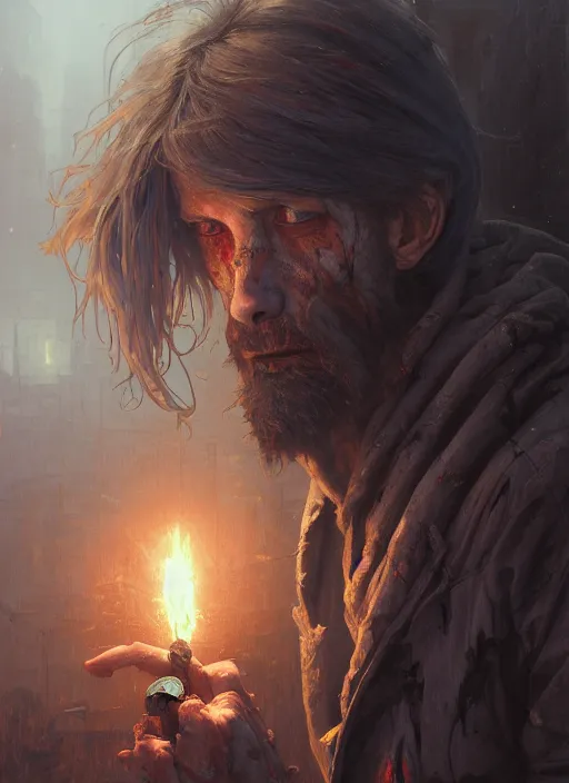 Image similar to Highly detailed portrait of homeless and beaten up Ghoul, Stephen Bliss, unreal engine, fantasy art by Greg Rutkowski, Loish, Rhads, ferdinand knab, Makoto Shinkai and Lois van baarle, ilya kuvshinov, rossdraws, Tom Bagshaw, alphonse mucha, global illumination, radiant light, detailed and intricate environment