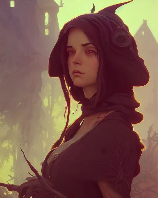 Image similar to highly detailed vfx portrait of a witch, unreal engine, greg rutkowski, loish, rhads, beeple, makoto shinkai and lois van baarle, ilya kuvshinov, rossdraws, tom bagshaw, alphonse mucha, global illumination, detailed and intricate environment