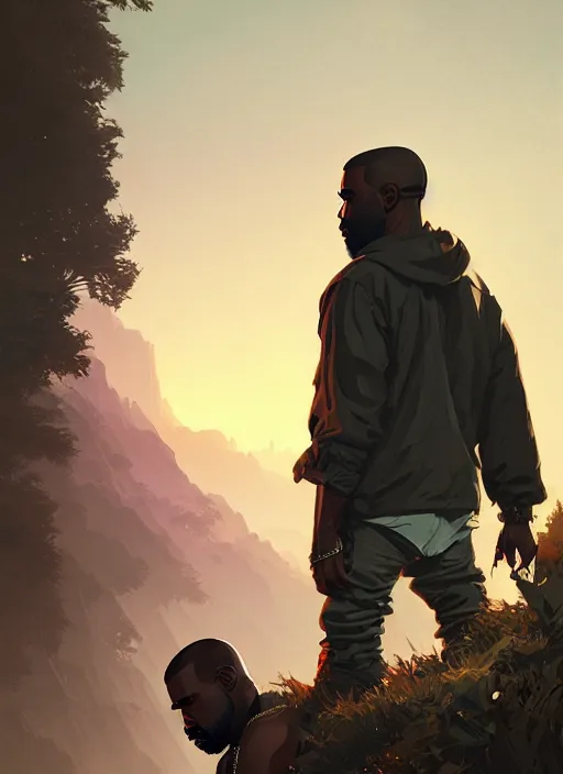 Image similar to highly detailed portrait kanye west crossed arms in gta v stephen bliss unreal engine fantasy art by greg rutkowski loish rhads ferdinand knab makoto shinkai lois van baarle ilya kuvshinov rossdraws tom bagshaw global illumination radiant light detailed intricate environment