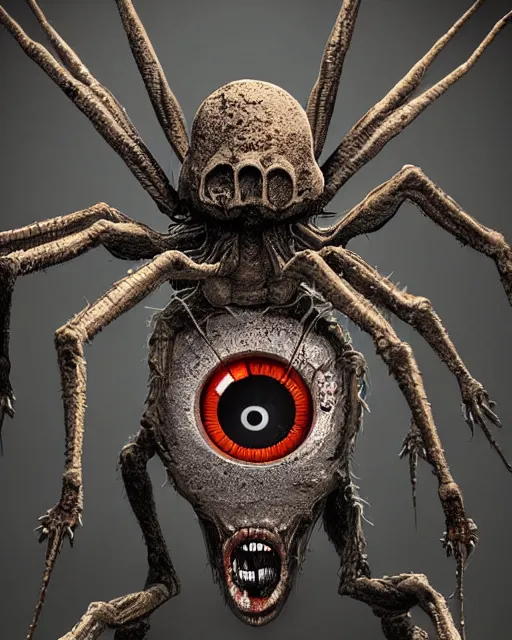 Prompt: Haunting horrifying hyperrealistic detailed painting of a tall slim spider extraterrestrial creature made of concrete stone brick, covered in, heavy metal, disgusting, creepy, unsettling, and bloodshot eyeballs, hyper detailed, trending on Artstation