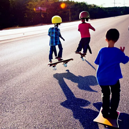 Prompt: three children belly - skateboarding on busy highway, award winning photograph, lens flare, 3 5 mm, cinematic