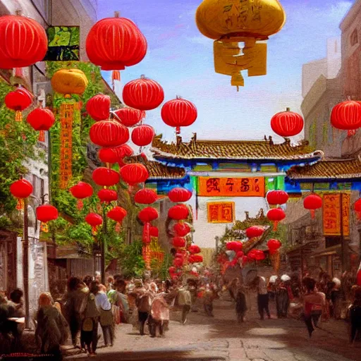 Prompt: a Chinatown full of flowers, digital art, trending on artstation, by Albert Bierstadt