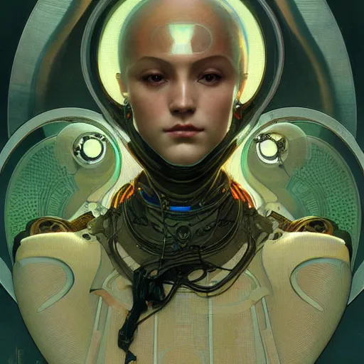 Image similar to portrait of a beautiful female android, coy, circuitry visible in head, in the style of ex machina, karol bak, alphonse mucha, greg rutkowski, award winning, hr giger, artstation