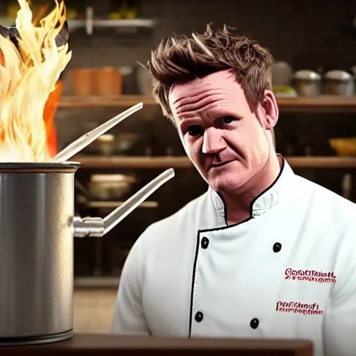 Image similar to unreal engine 5 photorealistic Gordon Ramsey cooking a unicorn in a pot in a intricate kitchen 4k