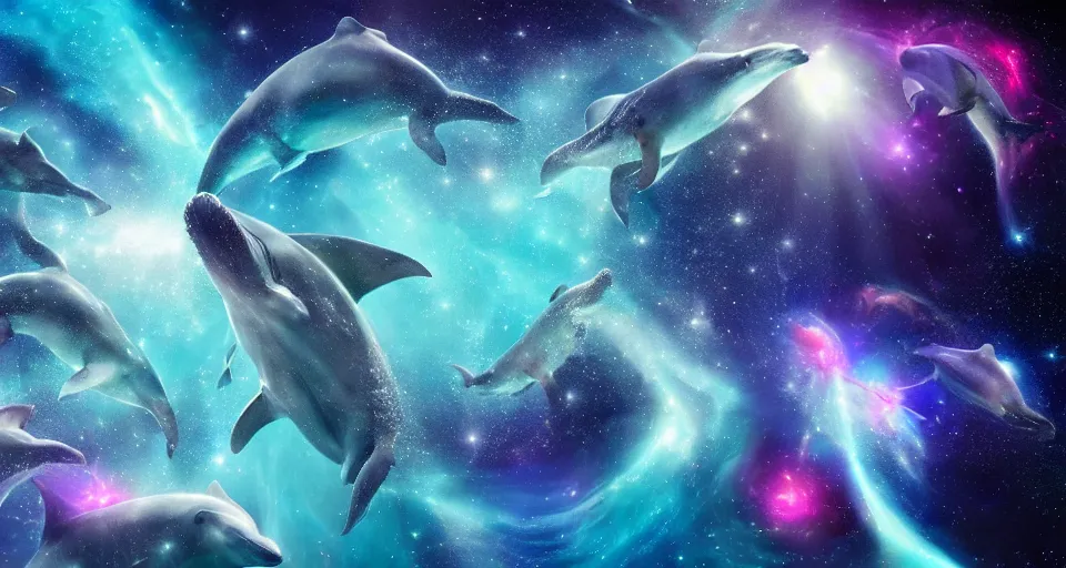 Image similar to a group of cosmic dolphins swimming and jumping out of a ocean of the cosmos, epic composition, 4 k