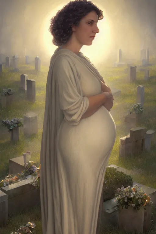 Image similar to portrait of a pregnant widow next to the grave, illustration, dramatic lighting, soft details, painting oil on canvas, art deco, octane render, HDR, 4k, 8k, HD, by Edmund Blair Leighton, Brom, Charlie Bowater, trending on artstation, faces by Tom Bagshaw, Sargent