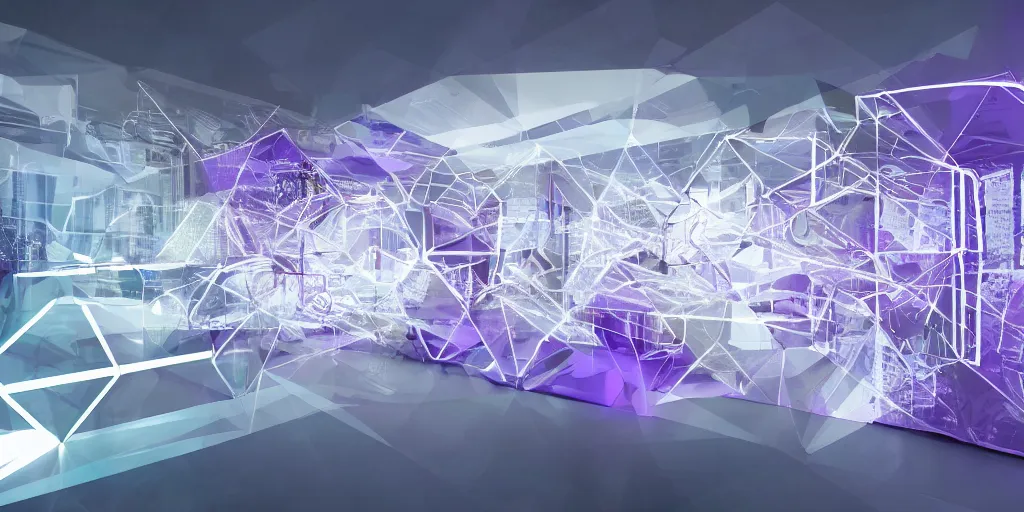 Image similar to Exhibiton with guests and digital terminals from an artificial intelligence with several geometric shapes with white and purple contours. Realistic Concept Art photography