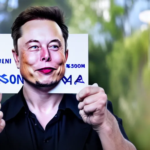 Prompt: a medium shot photograph of elon musk holding a sign with the word SOON SOON SOON SOON SOON' on it, 4k, ultra HD