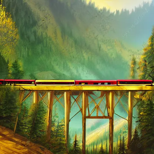 Prompt: train going over a trestle bridge in the mountains, concept art, illustrated, highly detailed, high quality, bright colors, optimistic,