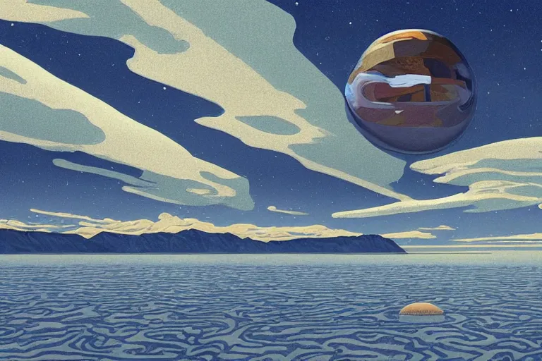 Prompt: a giant ((((metallic)))) floating sphere covered in canadian aboriginal!!! patterns!! hovering above a Yukon lake, (painted by Ralph McQuarrie), matte painting, very detailed, concept art