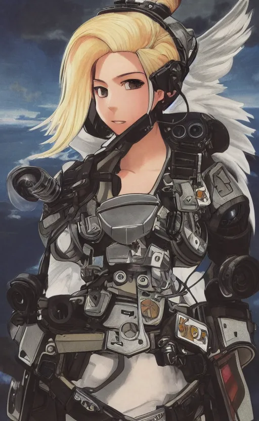 Image similar to portrait mechanized valkyrie, anime style, world war 2, top gun clothing, ace pilot, blonde hair, hair down, symmetrical facial features, from arknights, hyper realistic, 4 k, rule of thirds, extreme detail, detailed drawing, safebooru, hd, d & d, realistic lighting, by alphonse mucha, greg rutkowski, backlit